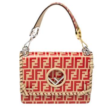 Pre Owned Fendi Beige/Red Zucca Leather Small Whipstitched Kan I F Top Handle Bag