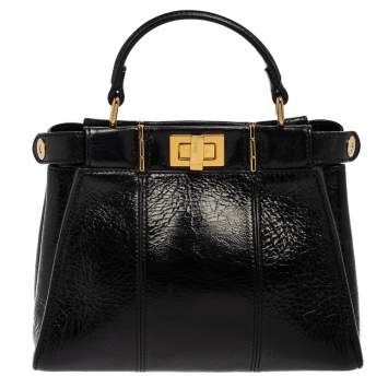 Pre Owned Fendi Black Crinkled Leather Mini Peekaboo Top Handle Bag