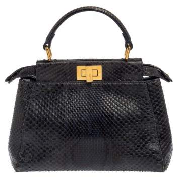 Pre Owned Fendi Navy Blue/Black Python Mini Peekaboo Top Handle Bag