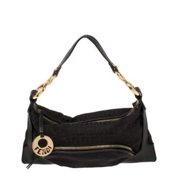 Pre Owned Fendi Black Zucchino Canvas Front Pocket Shoulder Bag