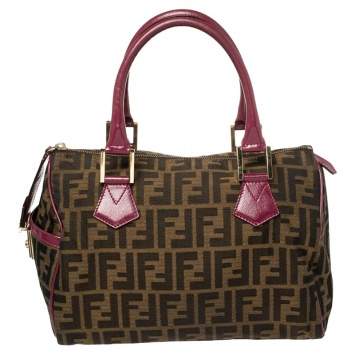 Pre Owned Fendi Tobacco/Purple Zucca Canvas and Leather Medium Chef Boston Bag