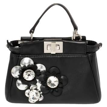 Pre Owned Fendi Black Floral Embellished Leather Micro Peekaboo Top Handle Bag