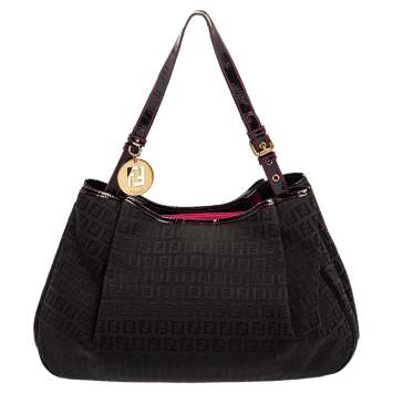Pre Owned Fendi Black Zucchino Canvas and Patent Leather Hobo