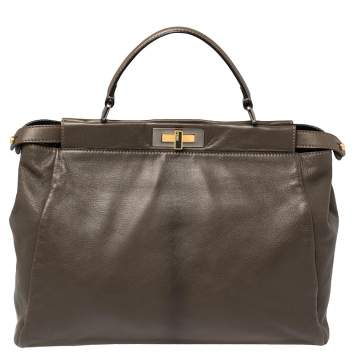 Pre Owned Fendi Olive Green Leather Large Peekaboo Top Handle Bag