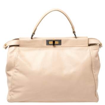 Pre Owned Fendi Beige Leather Large Peekaboo Top Handle Bag