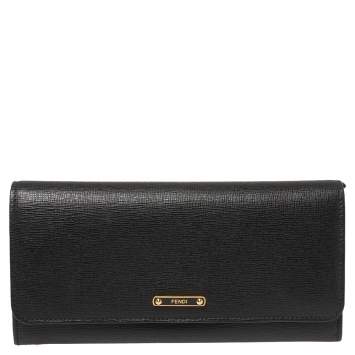 Pre Owned Fendi Black Leather Flap Elite Continental Wallet