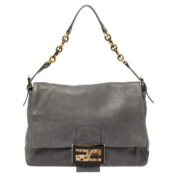 Pre Owned Fendi Metallic Grey Nubuck Mama Forever Shoulder Bag