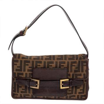 Pre Owned Fendi Tobacco Zucca Canvas and Leather Double Buckle Baguette Bag