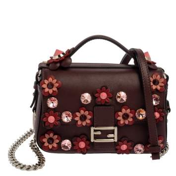 Pre Owned Fendi Dark Red/Light Pink Flowerland Leather Double Micro Baguette Bag