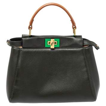 Pre Owned Fendi Dark Green and Beige Leather Mini Peekaboo Top Handle Bag