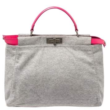 Pre Owned Fendi Grey/Pink Jersey and Leather Large Limited Edition Peekaboo Top Handle Bag
