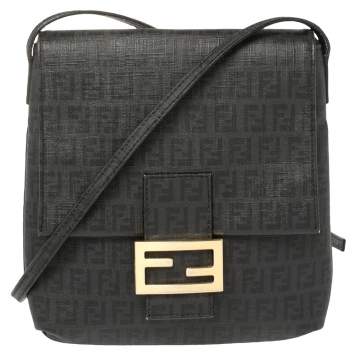 Pre Owned Fendi Black Zucchino Coated Canvas FF Flap Messenger Bag