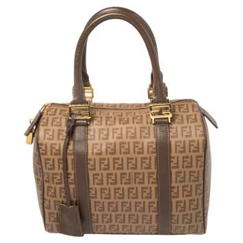 Pre Owned Fendi Brown Zucchino Coated Canvas and Leather Small Forever Bauletto Boston Bag