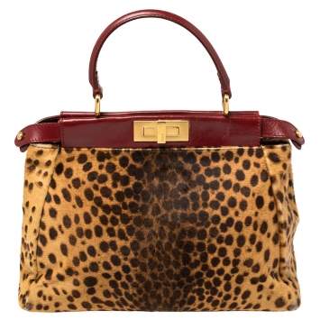 Pre Owned Fendi Brown/Burgundy Calf Hair and Leather Medium Peekaboo Top Handle Bag