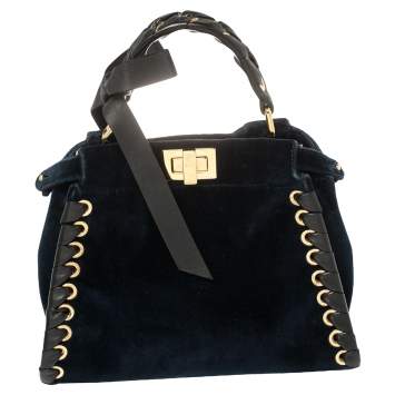 Pre Owned Fendi Blue/Black Velvet And Leather Ribbons Mini Peekaboo Top Handle Bag