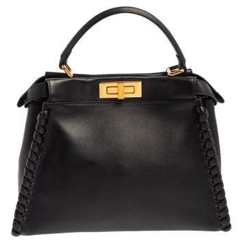 Pre Owned Fendi Black Leather Medium Whipstitched Peekaboo Top Handle Bag