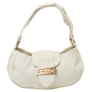 Pre Owned Fendi White Leather Logo Flap Baguette Bag