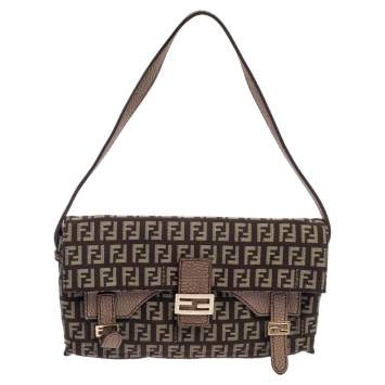 Pre Owned Fendi Brown Zucchino Canvas And Leather Baguette Shoulder Bag