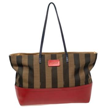 Pre Owned Fendi Red/Tobacco Pequin Striped Canvas and Leather Roll Tote