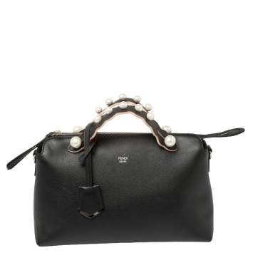 Pre Owned Fendi Black Leather Faux Pearl Embellished Medium By The Way Satchel