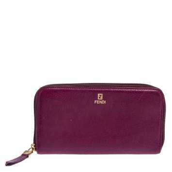Pre Owned Fendi Purple Leather Zip Around Wallet