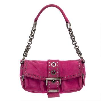 Pre Owned Fendi Fuchsia Suede Buckle Flap Baguette Shoulder Bag