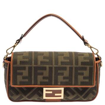 Pre Owned Fendi Military Green Zucca Embroidered Canvas and Leather FF Baguette Bag