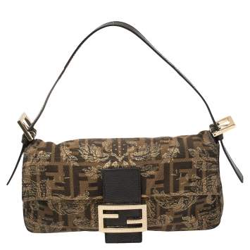 Pre Owned Fendi Tobacco/Black Zucca Canvas and Lizard Floral Brocade Baguette Bag