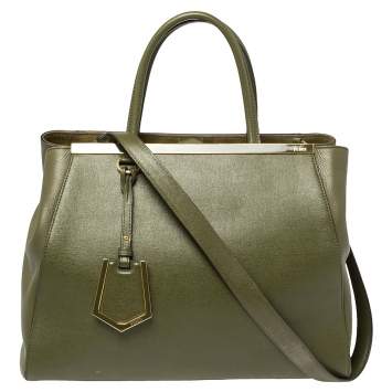 Pre Owned Fendi Olive Green Leather Medium 2Jours Tote