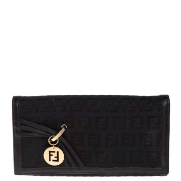 Pre Owned Fendi Black Zucchino Canvas and Leather Flap Continental Wallet