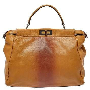 Pre Owned Fendi Tan/Brown Ombre Leather with Calfhair Lining Large Peekaboo Top Handle Bag