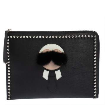 Pre Owned Fendi Black Leather Karlito Flat Clutch