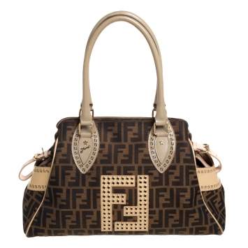 Pre Owned Fendi Tobacco Zucca Grommet Canvas and Nubuck Leather Chef De Jour Bag