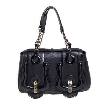 Pre Owned Fendi Black Leather and Patent Leather B Bis Shoulder Bag