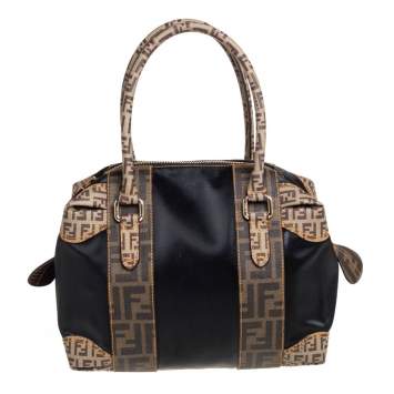 Pre Owned Fendi Black/Tobacco Zucca Coated Canvas and Nylon Boston Bag