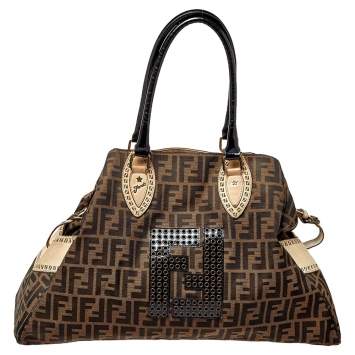 Pre Owned Fendi Brown/Black Zucca Canvas,Suede and Patent Leather Large Studded De Jour Bag