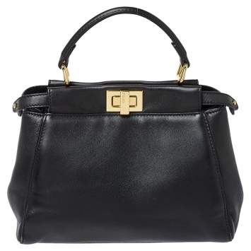 Pre Owned Fendi Black Leather Mini Peekaboo Top Handle Bag