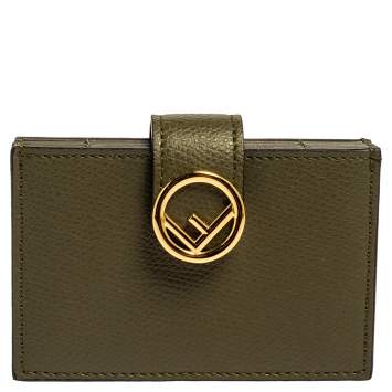 Pre Owned Fendi Olive Green Leather F Multiple Card Holder