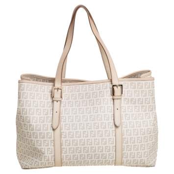 Pre Owned Fendi Light Beige Zuccachino Coated Canvas and Leather Trim Shopper Tote 