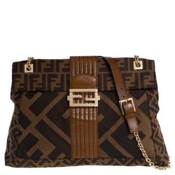 Pre Owned Fendi Tobacco Zucca Canvas and Leather Maxi Baguette Flap Shoulder Bag