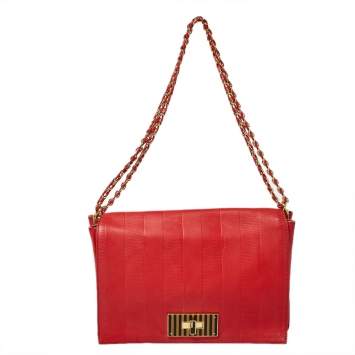 Pre Owned Fendi Red Pequin Embossed Leather Large Claudia Shoulder Bag