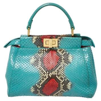 Pre Owned Fendi Turquoise/Red Python Mini Peekaboo Top Handle Bag
