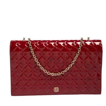 Pre Owned Fendi Red Patent Leather Fendilicious Wallet on Chain