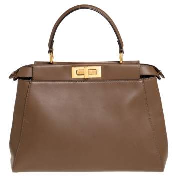 Pre Owned Fendi Brown Leather Medium Peekaboo Top Handle Bag