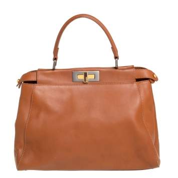 Pre Owned Fendi Brown Leather Peekaboo Top Handle Bag