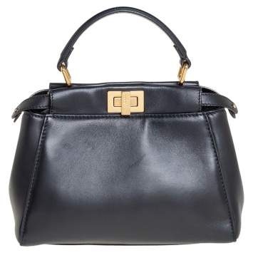 Pre Owned Fendi Black Leather Mini Peekaboo Top Handle Bag