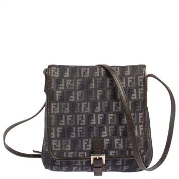 Pre Owned Fendi Blue/Black Zucchino Denim and Leather Flap Crossbody Bag