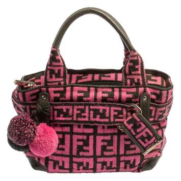 Pre Owned Fendi Pink Woven Zucca Fabric Vintage Pom Pom Small Satchel