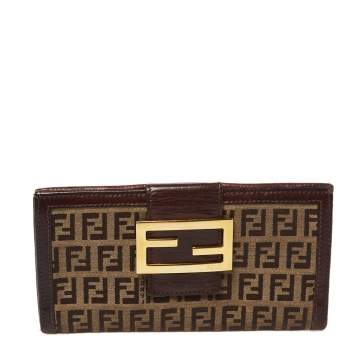 Pre Owned Fendi Bown/Beige Zucchino Canvas and Leather Logo Flap Continental Wallet