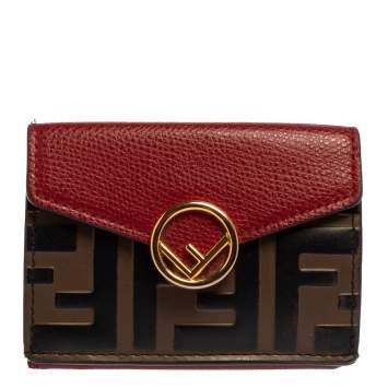 Pre Owned Fendi Red/Brown Zucca Leather F is Fendi Trifold Wallet